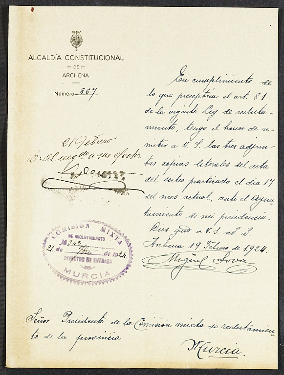 Expediente General de Reclutamiento y Reemplazo de Archena. Año 1924.